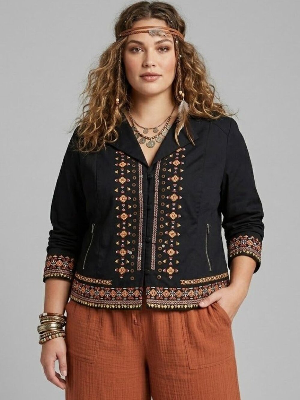 INC International Concepts Womens Embroidered Black Jacket 3X Cotton Polyester